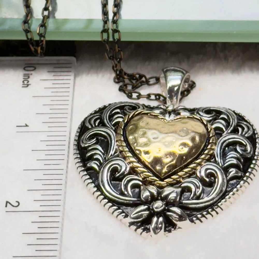 Two tone Big Heart Pendant with Long Two Chain - Picture 5 of 6
